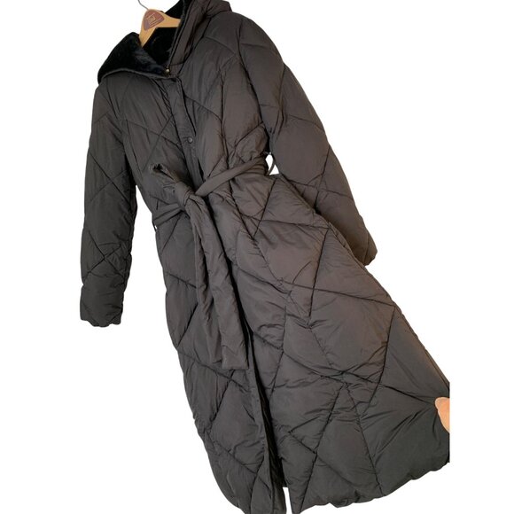 Rare Bernardo Diamond Quilt Fur Lined Long Coat Belt Large Black Hood RA10713 - Picture 1 of 11